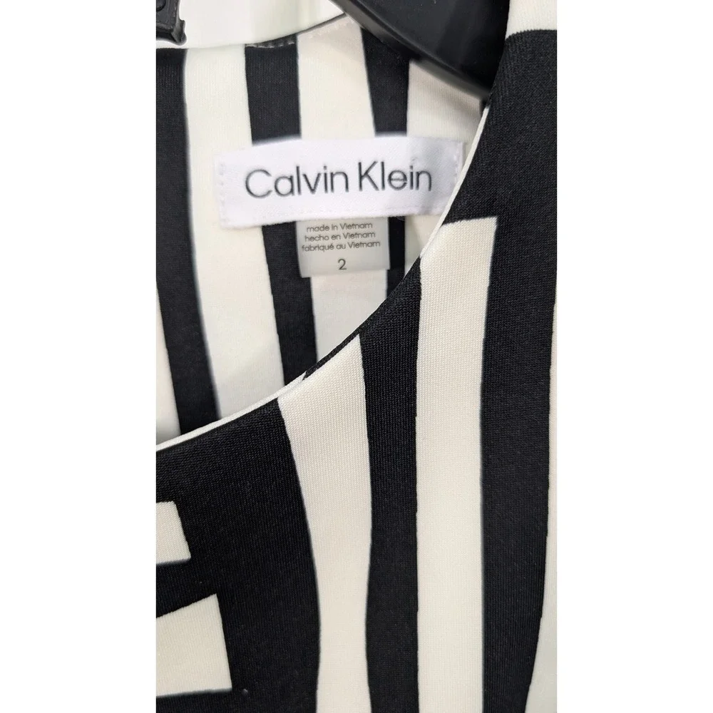 Calvin Klein Black Wht Striped Geometric Belted Sheath Dress Size 2 Professional